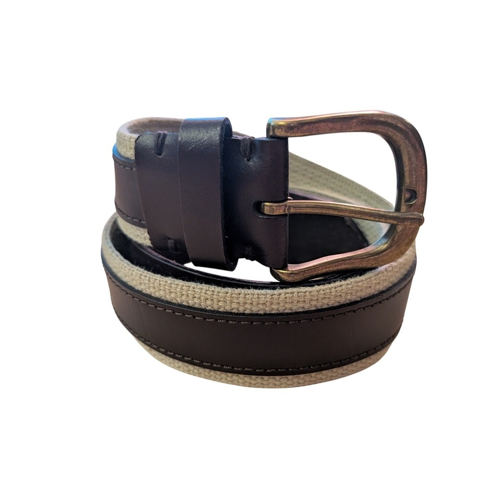 Banana Republic Leather Canvas Inlay Belt Brass Buckle Sz 32 Casual Preppy Work
